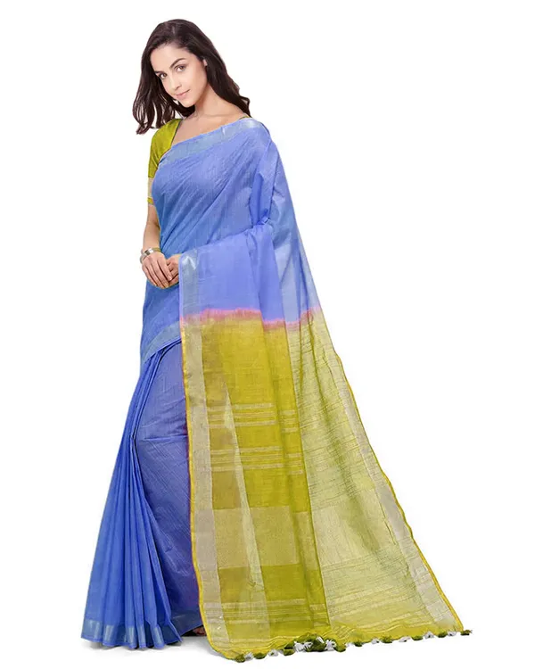 Neon_Blue_&_Pear_Green_women's_Bhagalpuri_Handloom_Linen_Cotton_Blend_Two_Dye_Saree_With_Running_Unstitched_Blouse_Piece