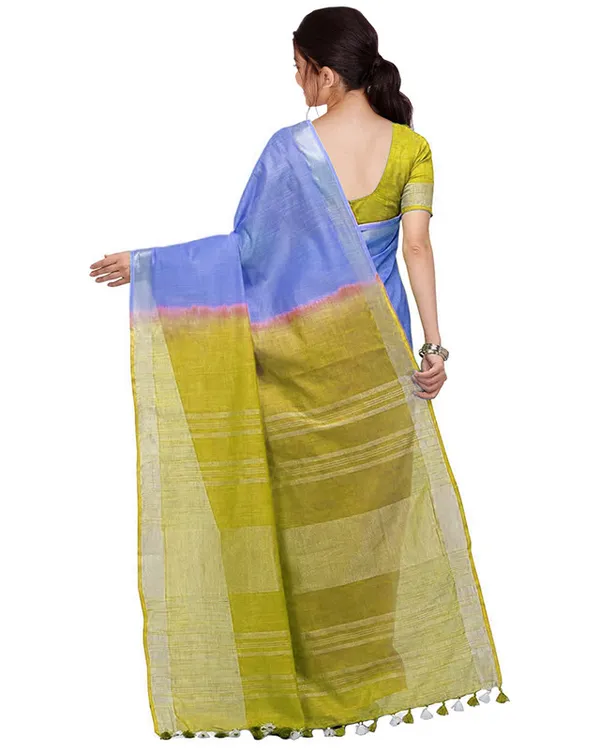 Neon_Blue_&_Pear_Green_women's_Bhagalpuri_Handloom_Linen_Cotton_Blend_Two_Dye_Saree_With_Running_Unstitched_Blouse_Piece