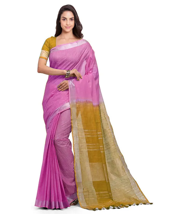 Neon_Pink_&_Golden_Brown_women's_Bhagalpuri_Handloom_Linen_Cotton_Blend_Two_Dye_Saree_With_Running_Unstitched_Blouse_Piece