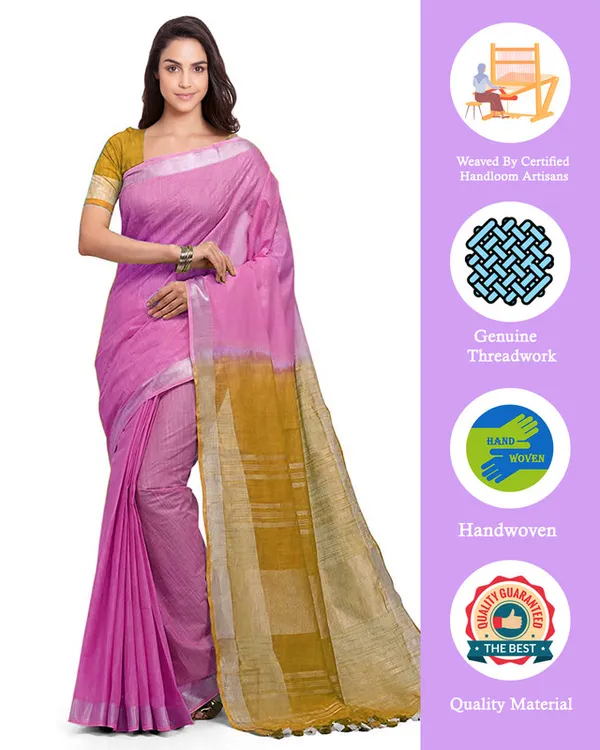 Neon_Pink_&_Golden_Brown_women's_Bhagalpuri_Handloom_Linen_Cotton_Blend_Two_Dye_Saree_With_Running_Unstitched_Blouse_Piece