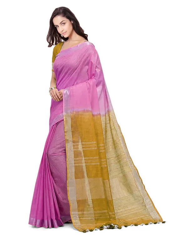 Neon_Pink_&_Golden_Brown_women's_Bhagalpuri_Handloom_Linen_Cotton_Blend_Two_Dye_Saree_With_Running_Unstitched_Blouse_Piece