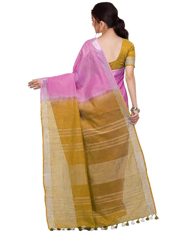 Neon_Pink_&_Golden_Brown_women's_Bhagalpuri_Handloom_Linen_Cotton_Blend_Two_Dye_Saree_With_Running_Unstitched_Blouse_Piece