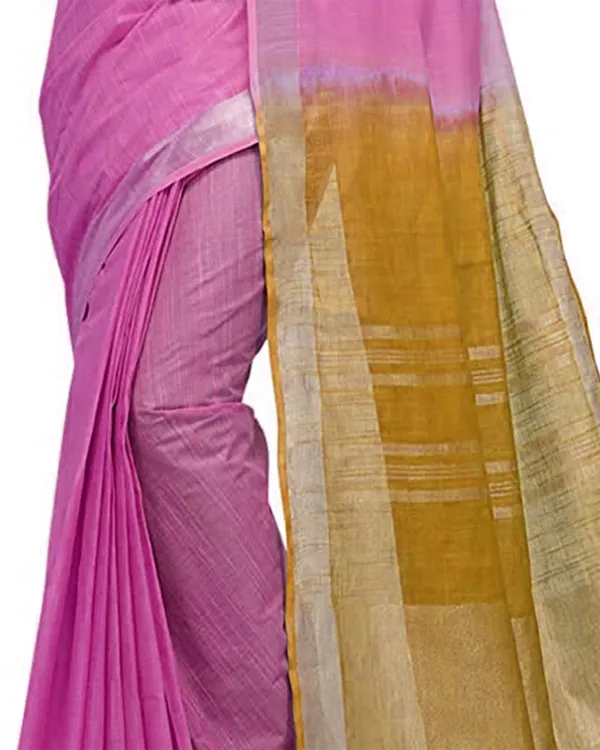 Neon_Pink_&_Golden_Brown_women's_Bhagalpuri_Handloom_Linen_Cotton_Blend_Two_Dye_Saree_With_Running_Unstitched_Blouse_Piece