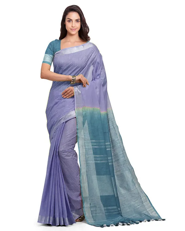 Pale_Purple_&_Cerulean_Blue_women's_Bhagalpuri_Handloom_Linen_Cotton_Blend_Two_Dye_Saree_With_Running_Unstitched_Blouse_Piece