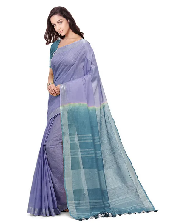 Pale_Purple_&_Cerulean_Blue_women's_Bhagalpuri_Handloom_Linen_Cotton_Blend_Two_Dye_Saree_With_Running_Unstitched_Blouse_Piece