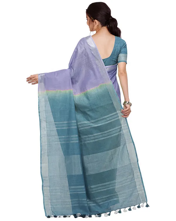 Pale_Purple_&_Cerulean_Blue_women's_Bhagalpuri_Handloom_Linen_Cotton_Blend_Two_Dye_Saree_With_Running_Unstitched_Blouse_Piece