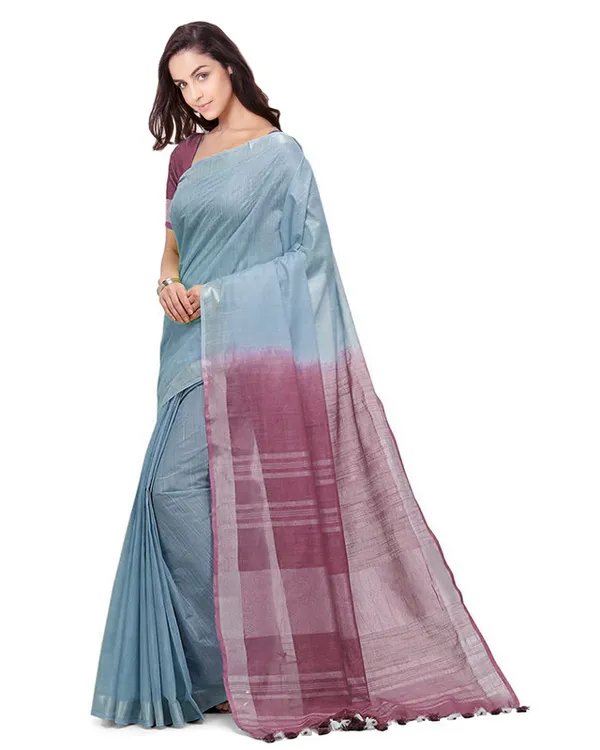 owder_Blue_&_Quinacridone_Magenta_women's_Bhagalpuri_Handloom_Linen_Cotton_Blend_Two_Dye_Saree_With_Running_Unstitched_Blouse_Piece