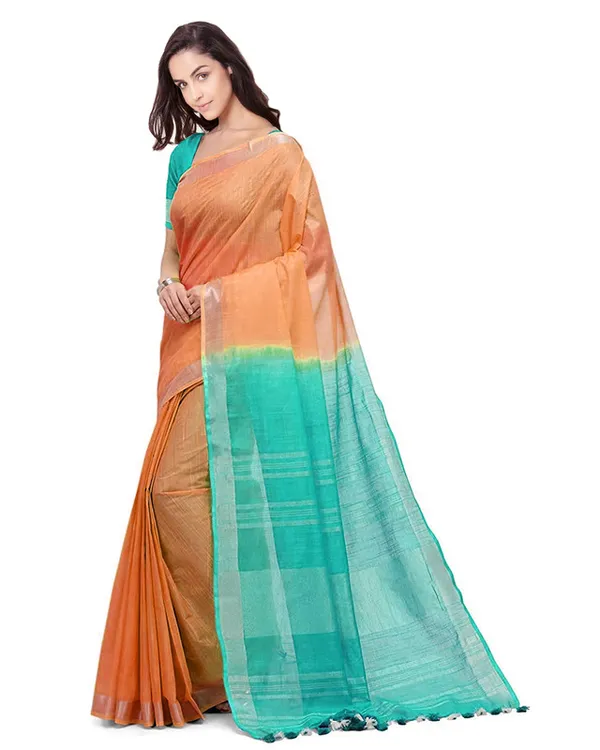 Pumpkin_Orange_&_Turquoise_women's_Bhagalpuri_Handloom_Linen_Cotton_Blend_Two_Dye_Saree_With_Running_Unstitched_Blouse_Piece