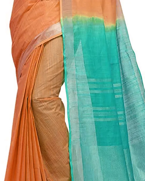 Pumpkin_Orange_&_Turquoise_women's_Bhagalpuri_Handloom_Linen_Cotton_Blend_Two_Dye_Saree_With_Running_Unstitched_Blouse_Piece