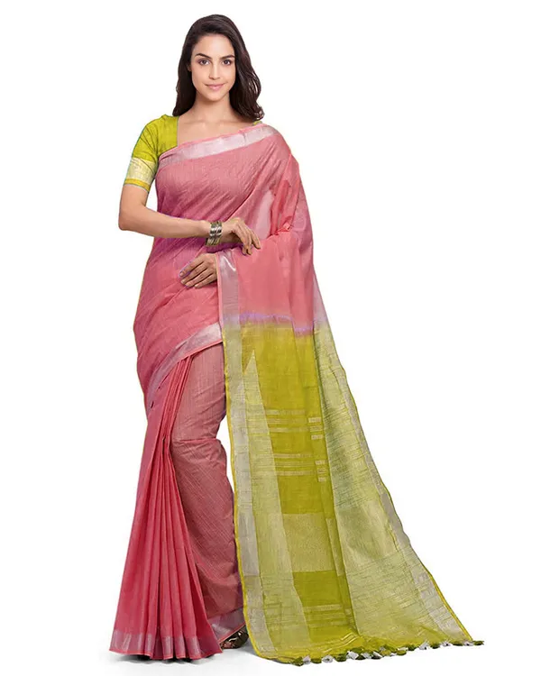 Coral_Pink_&_Pear_Green_women's_Bhagalpuri_Handloom_Linen_Slub_Blend_Two_Dye_Saree_With_Running_Unstitched_Blouse_Piece
