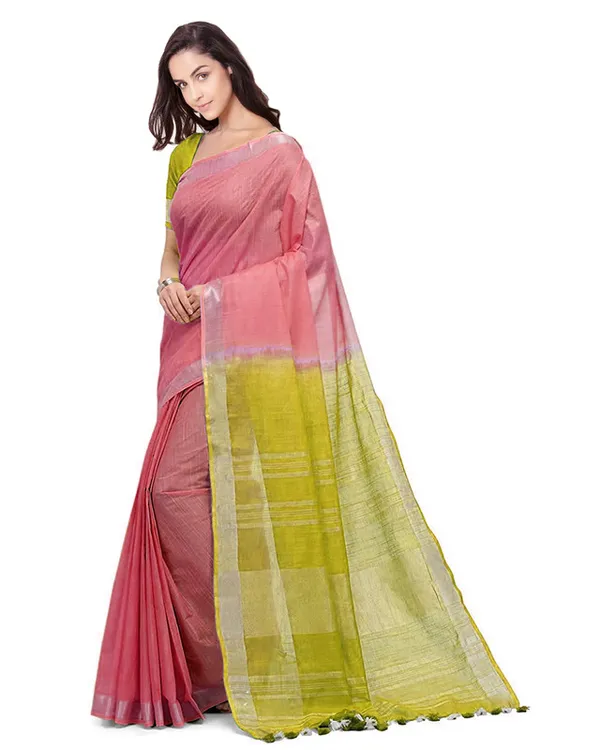 Coral_Pink_&_Pear_Green_women's_Bhagalpuri_Handloom_Linen_Slub_Blend_Two_Dye_Saree_With_Running_Unstitched_Blouse_Piece