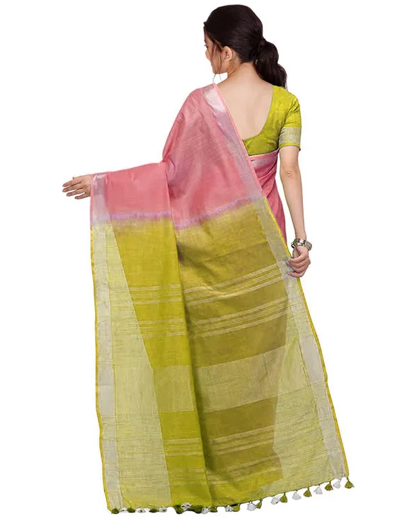 Coral_Pink_&_Pear_Green_women's_Bhagalpuri_Handloom_Linen_Slub_Blend_Two_Dye_Saree_With_Running_Unstitched_Blouse_Piece