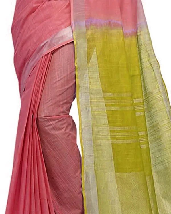 Coral_Pink_&_Pear_Green_women's_Bhagalpuri_Handloom_Linen_Slub_Blend_Two_Dye_Saree_With_Running_Unstitched_Blouse_Piece