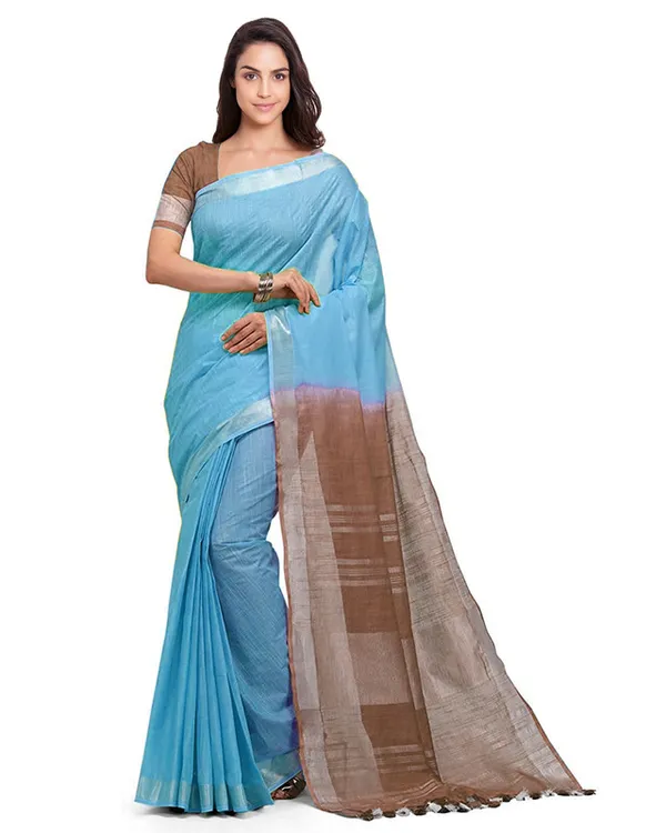 Cyan_&_Brown_women's_Bhagalpuri_Handloom_Linen_Slub_Blend_Two_Dye_Saree_With_Running_Unstitched_Blouse_Piece