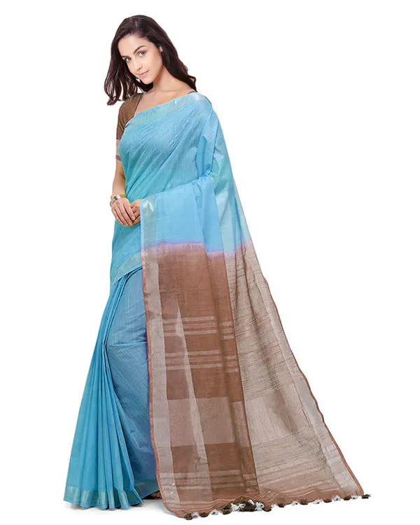 Cyan_&_Brown_women's_Bhagalpuri_Handloom_Linen_Slub_Blend_Two_Dye_Saree_With_Running_Unstitched_Blouse_Piece