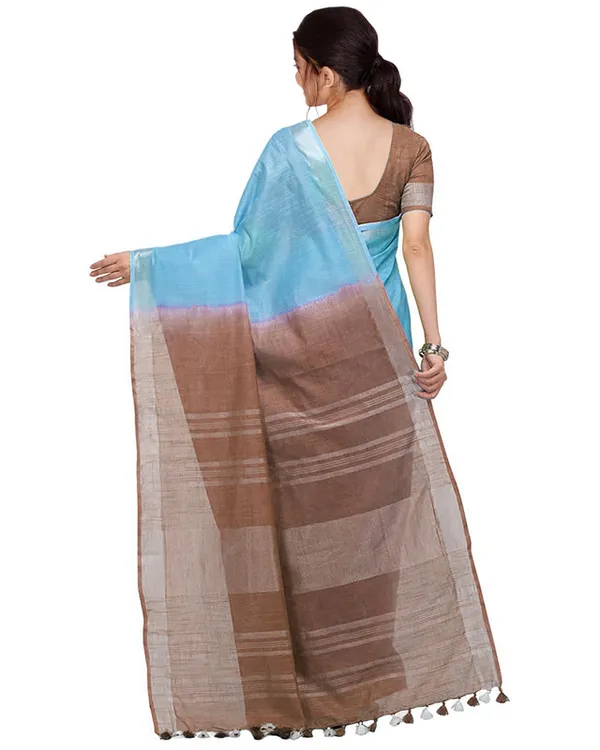 Cyan_&_Brown_women's_Bhagalpuri_Handloom_Linen_Slub_Blend_Two_Dye_Saree_With_Running_Unstitched_Blouse_Piece