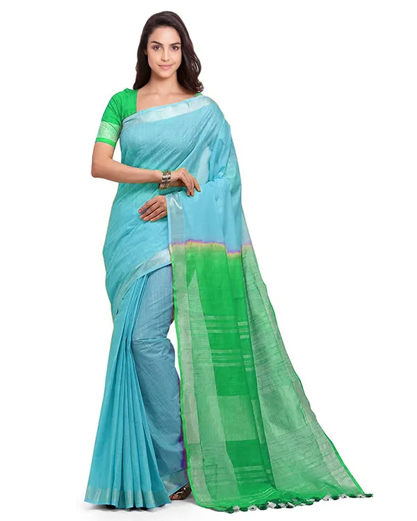 Cyan_&_Honerdew_Green_women's_Bhagalpuri_Handloom_Linen_Slub_Blend_Two_Dye_Saree_With_Running_Unstitched_Blouse_Piece