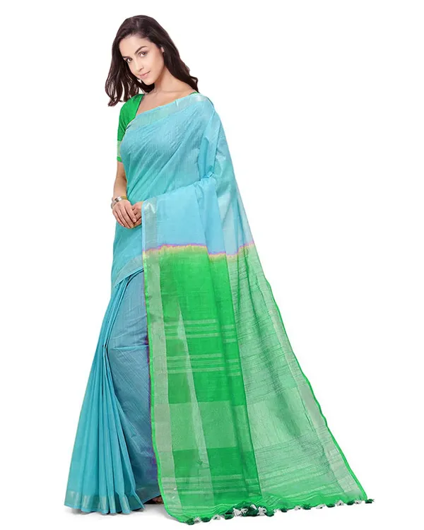 Cyan_&_Honerdew_Green_women's_Bhagalpuri_Handloom_Linen_Slub_Blend_Two_Dye_Saree_With_Running_Unstitched_Blouse_Piece