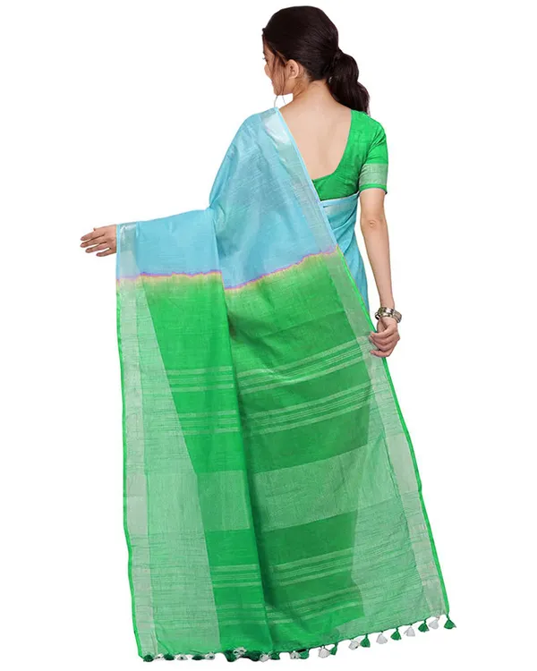 Cyan_&_Honerdew_Green_women's_Bhagalpuri_Handloom_Linen_Slub_Blend_Two_Dye_Saree_With_Running_Unstitched_Blouse_Piece