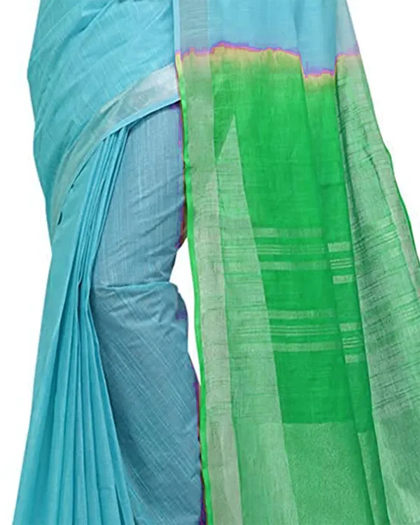 Cyan_&_Honerdew_Green_women's_Bhagalpuri_Handloom_Linen_Slub_Blend_Two_Dye_Saree_With_Running_Unstitched_Blouse_Piece