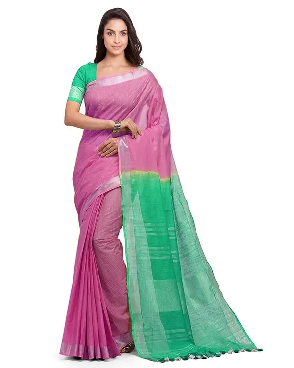 Flamingo_Pink_&_Aquamarine_Turquoise_women's_Bhagalpuri_Handloom_Linen_Slub_Blend_Two_Dye_Saree_With_Running_Unstitched_Blouse_Piece