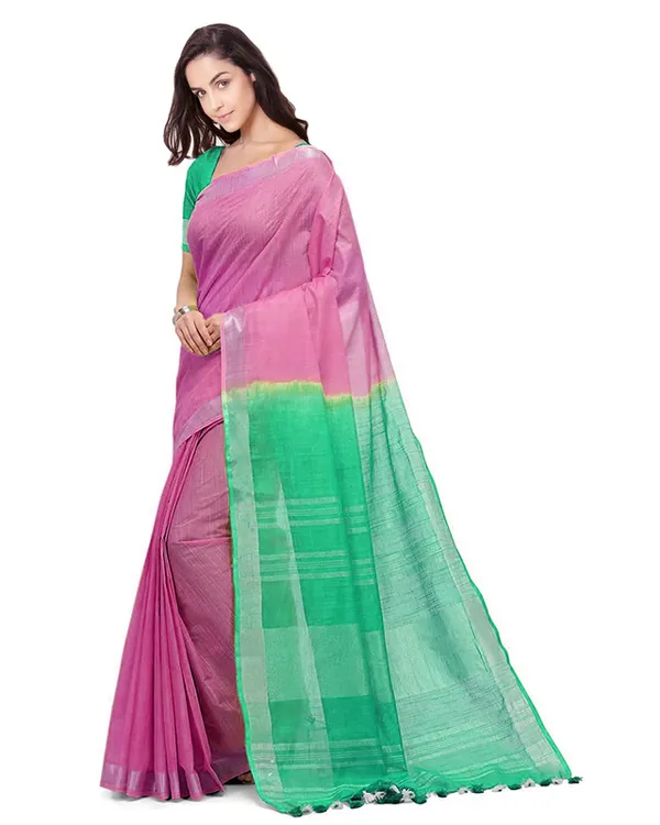 Flamingo_Pink_&_Aquamarine_Turquoise_women's_Bhagalpuri_Handloom_Linen_Slub_Blend_Two_Dye_Saree_With_Running_Unstitched_Blouse_Piece