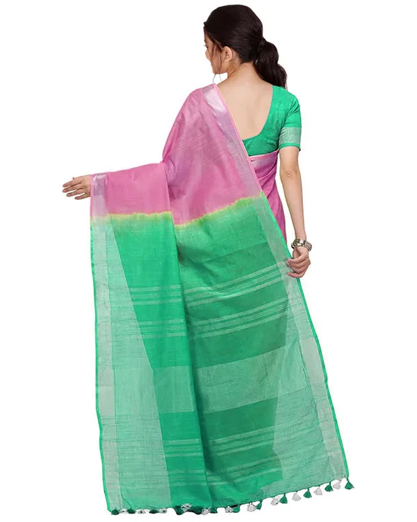 Flamingo_Pink_&_Aquamarine_Turquoise_women's_Bhagalpuri_Handloom_Linen_Slub_Blend_Two_Dye_Saree_With_Running_Unstitched_Blouse_Piece