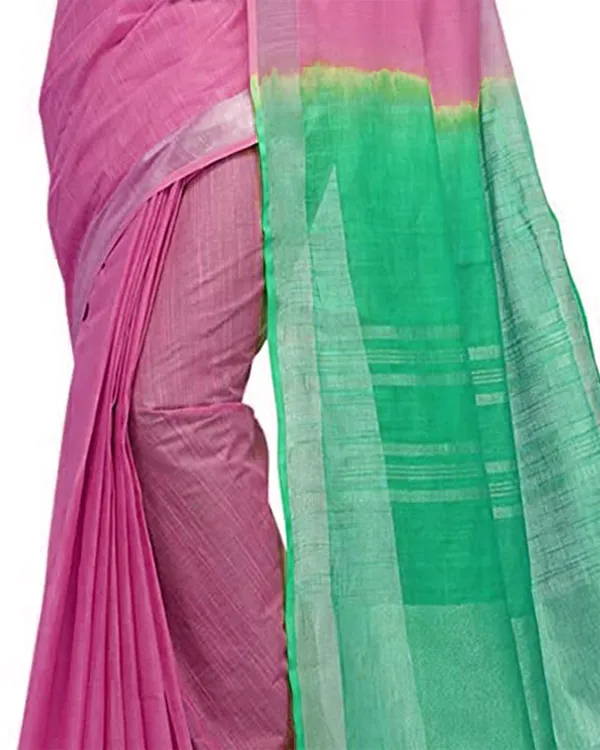 Flamingo_Pink_&_Aquamarine_Turquoise_women's_Bhagalpuri_Handloom_Linen_Slub_Blend_Two_Dye_Saree_With_Running_Unstitched_Blouse_Piece