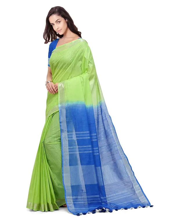Green_&_Cyan_women's_Bhagalpuri_Handloom_Linen_Slub_Blend_Two_Dye_Saree_With_Running_Unstitched_Blouse_Piece