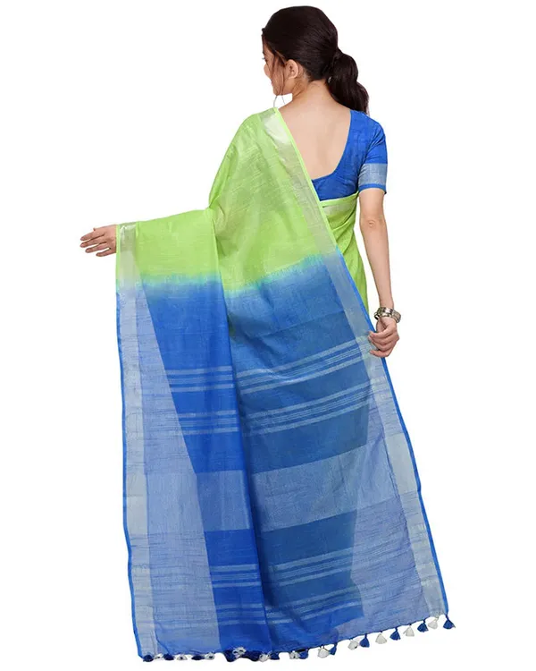 Green_&_Cyan_women's_Bhagalpuri_Handloom_Linen_Slub_Blend_Two_Dye_Saree_With_Running_Unstitched_Blouse_Piece