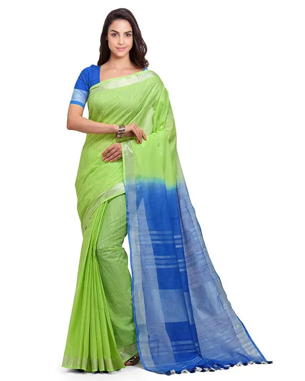 Green_&_Cyan_women's_Bhagalpuri_Handloom_Linen_Slub_Blend_Two_Dye_Saree_With_Running_Unstitched_Blouse_Piece