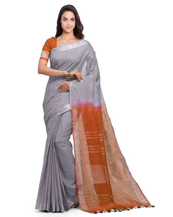 Grey_&_Mohangni_Orange_women's_Bhagalpuri_Handloom_Linen_Slub_Blend_Two_Dye_Saree_With_Running_Unstitched_Blouse_Piece
