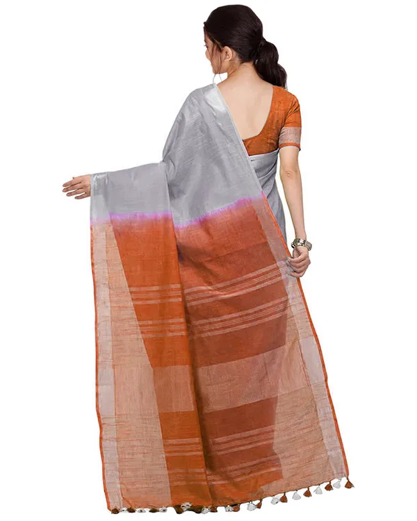 Grey_&_Mohangni_Orange_women's_Bhagalpuri_Handloom_Linen_Slub_Blend_Two_Dye_Saree_With_Running_Unstitched_Blouse_Piece