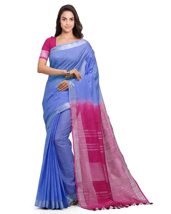 Bhagalpuri_Handloom_Linen_Slub_Blend_Two_Dye_Saree_With_Running_Unstitched_Blouse_Piece