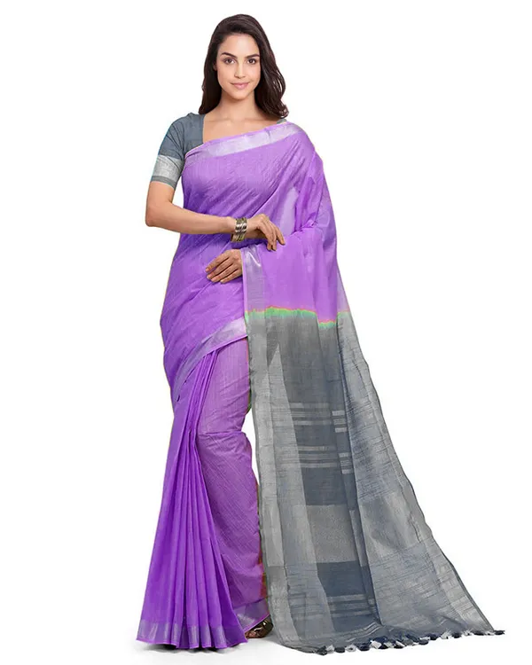 Lilac_Purple_&_Grey_women's_Bhagalpuri_Handloom_Linen_Slub_Blend_Two_Dye_Saree_With_Running_Unstitched_Blouse_Piece