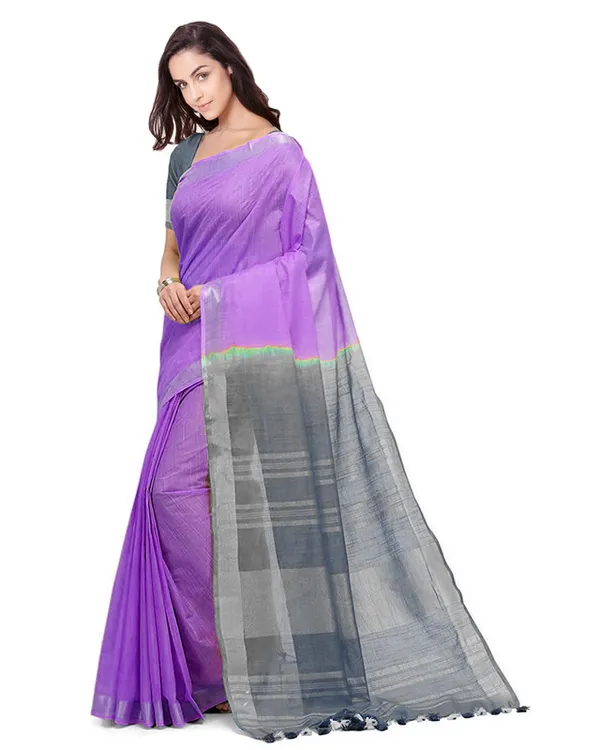 Lilac_Purple_&_Grey_women's_Bhagalpuri_Handloom_Linen_Slub_Blend_Two_Dye_Saree_With_Running_Unstitched_Blouse_Piece