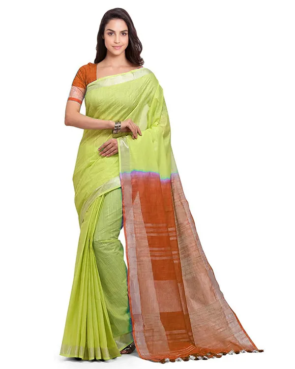 Lime_Green_&_Mohangni_Orange_women's_Bhagalpuri_Handloom_Linen_Slub_Blend_Two_Dye_Saree_With_Running_Unstitched_Blouse_Piece