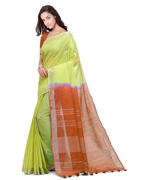 Lime_Green_&_Mohangni_Orange_women's_Bhagalpuri_Handloom_Linen_Slub_Blend_Two_Dye_Saree_With_Running_Unstitched_Blouse_Piece