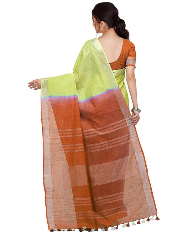 Lime_Green_&_Mohangni_Orange_women's_Bhagalpuri_Handloom_Linen_Slub_Blend_Two_Dye_Saree_With_Running_Unstitched_Blouse_Piece
