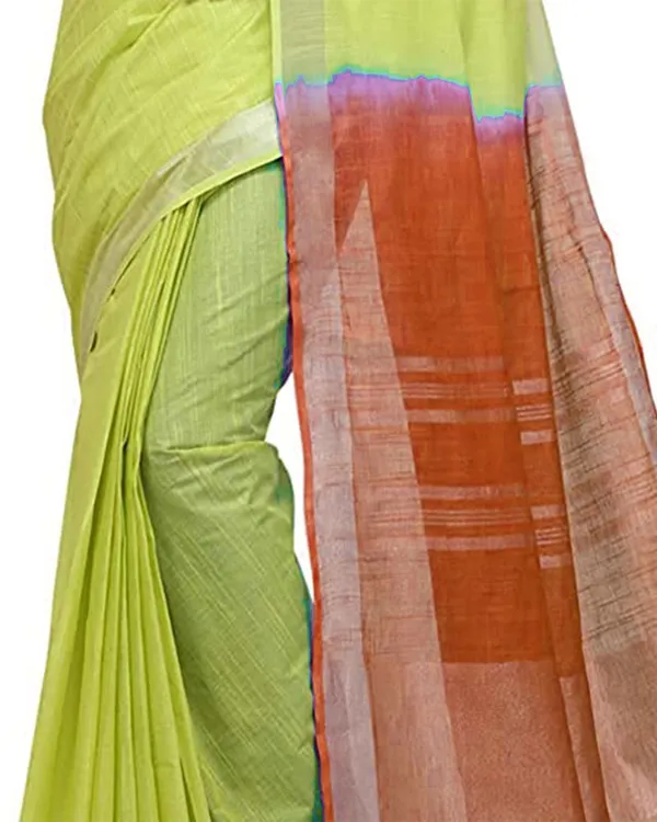 Lime_Green_&_Mohangni_Orange_women's_Bhagalpuri_Handloom_Linen_Slub_Blend_Two_Dye_Saree_With_Running_Unstitched_Blouse_Piece