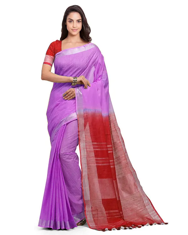 Orachid_Magenta_&_Red_women's_Bhagalpuri_Handloom_Linen_Slub_Blend_Two_Dye_Saree_With_Running_Unstitched_Blouse_Piece