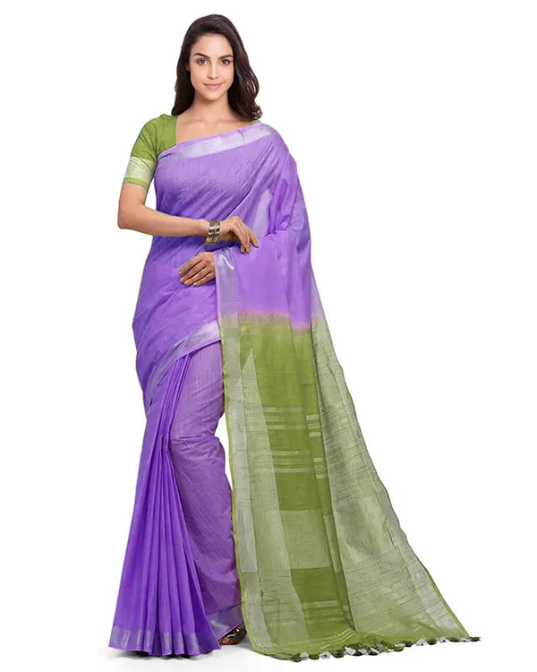 Amethyst_Purple_&_Moss_Green_women's_Bhagalpuri_Handloom_Linen_Slub_Blend_Two_Dye_Saree_With_Running_Unstitched_Blouse_Piece