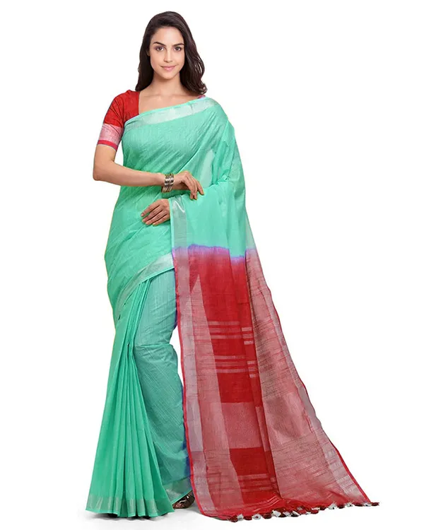 Aquamarine_Turquoise_&_Red_women's_Bhagalpuri_Handloom_Linen_Slub_Blend_Two_Dye_Saree_With_Running_Unstitched_Blouse_Piece