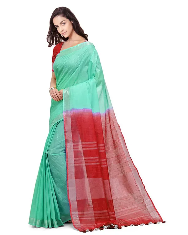 Aquamarine_Turquoise_&_Red_women's_Bhagalpuri_Handloom_Linen_Slub_Blend_Two_Dye_Saree_With_Running_Unstitched_Blouse_Piece