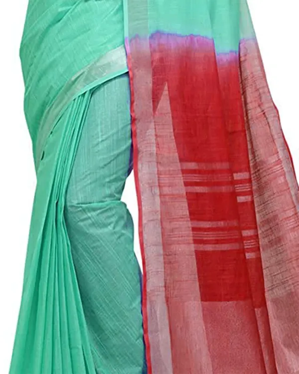 Aquamarine_Turquoise_&_Red_women's_Bhagalpuri_Handloom_Linen_Slub_Blend_Two_Dye_Saree_With_Running_Unstitched_Blouse_Piece