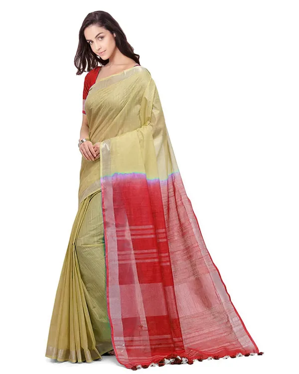 Buff_Brown_&_Red_women's_Bhagalpuri_Handloom_Linen_Slub_Blend_Two_Dye_Saree_With_Running_Unstitched_Blouse_Piece