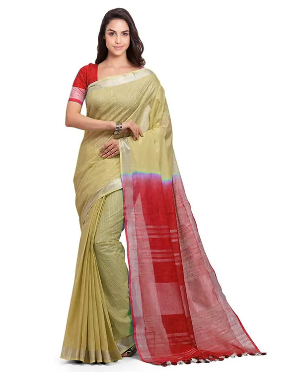 Buff_Brown_&_Red_women's_Bhagalpuri_Handloom_Linen_Slub_Blend_Two_Dye_Saree_With_Running_Unstitched_Blouse_Piece