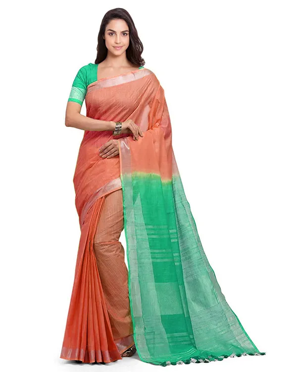 Tangelo_Orange_&_Aquamarine_Turquoise_women's_Bhagalpuri_Handloom_Linen_Slub_Blend_Two_Dye_Saree_With_Running_Unstitched_Blouse_Piece