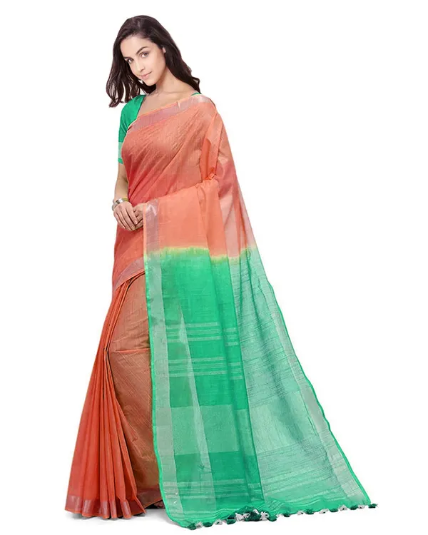Tangelo_Orange_&_Aquamarine_Turquoise_women's_Bhagalpuri_Handloom_Linen_Slub_Blend_Two_Dye_Saree_With_Running_Unstitched_Blouse_Piece