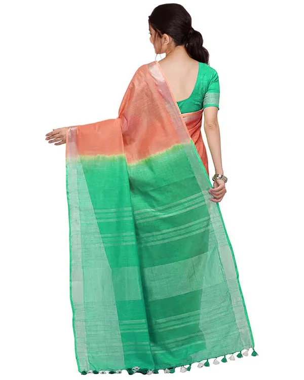 Tangelo_Orange_&_Aquamarine_Turquoise_women's_Bhagalpuri_Handloom_Linen_Slub_Blend_Two_Dye_Saree_With_Running_Unstitched_Blouse_Piece